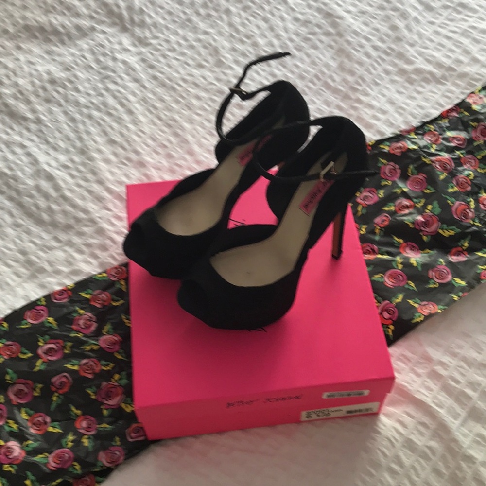 Betsey Johnson black lace platform hi heels.